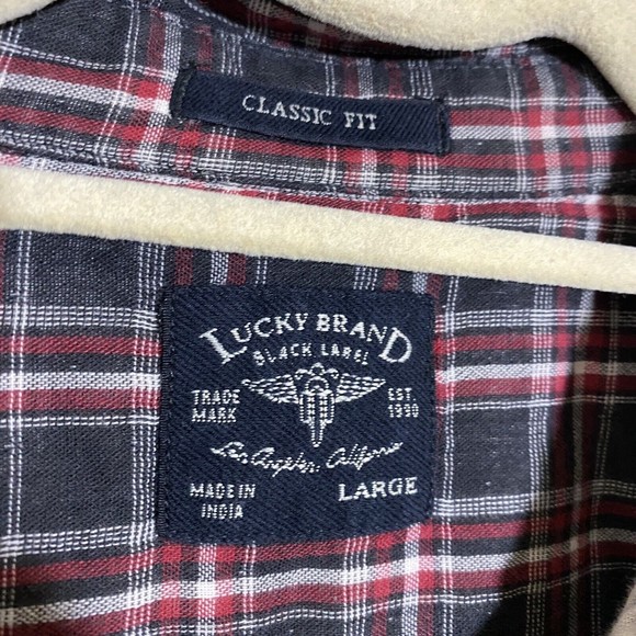 Lucky Brand Mens Shirt Size Large Classic Fit Plaid Black Red Button Front - Picture 7 of 7